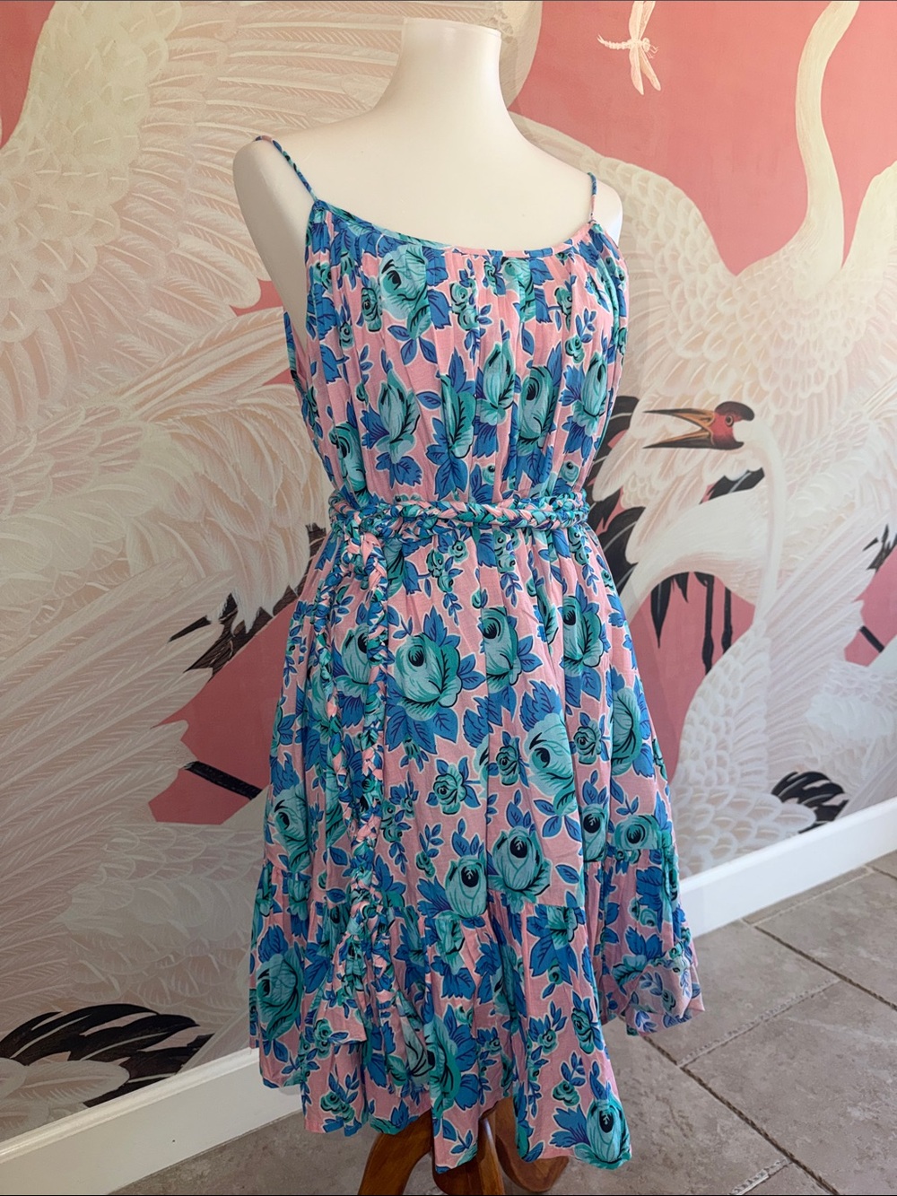 Rhode Women's size medium Pink Floral Spaghetti-Strap Dress with Braided Waist
